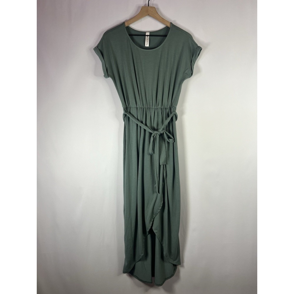 Vanilla Bay Dress Women Size Small Sage Green Wrap Tie Waist Short Sleeve Midi